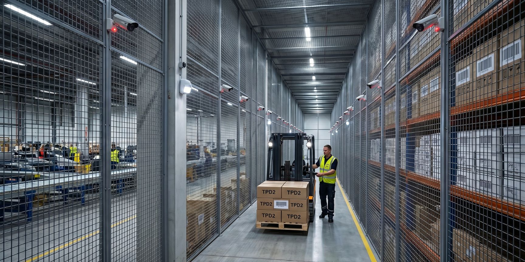 Abgesperrter Gitterkäfig (Cage) für Zigaretten-Wertgutlager in einer Logistik-Halle. Hohe Regale, TPD2-konforme Kartons, Staplerfahrer, Sicherheitskameras. SEO/Barrierefrei.